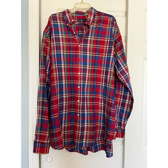 Ralph Lauren Button Down Shirt Long Sleeve Classic Fit Lightweight Red Plaid XLT - Picture 2 of 9